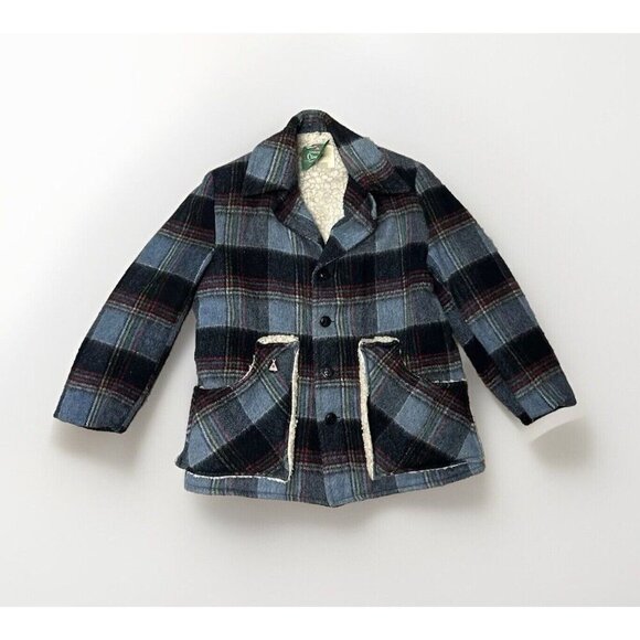 Vtg Canadian Camper Coat Mens Large Blue 70’s Shacket Plaid Sherpa Lined - Picture 1 of 14